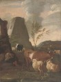 A drover resting by his cattle, a pyramid beyond - (after) Johann Heinrich Roos