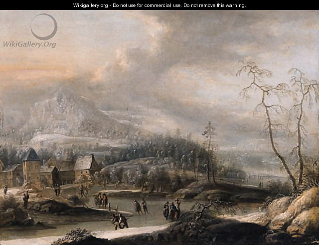 Peasants and skaters on a frozen waterway in a mountainous landscape - (after) Johann Christian Vollerdt Or Vollaert