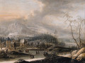 Peasants and skaters on a frozen waterway in a mountainous landscape - (after) Johann Christian Vollerdt Or Vollaert