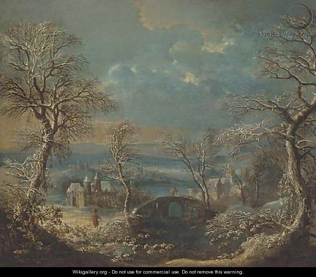 A wooded river landscape in winter with travellers - (after) Johann Christian Vollerdt Or Vollaert