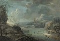 A mountainous winter landscape with skaters on a frozen river, a church beyond - (after) Johann Christian Vollerdt Or Vollaert