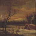 A mountainous river winter landscape with faggot-gatherers, a town beyond - (after) Johann Christian Vollerdt Or Vollaert