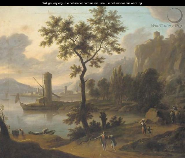 A coastal landscape with travellers on a path - (after) Johann Christian Vollerdt Or Vollaert