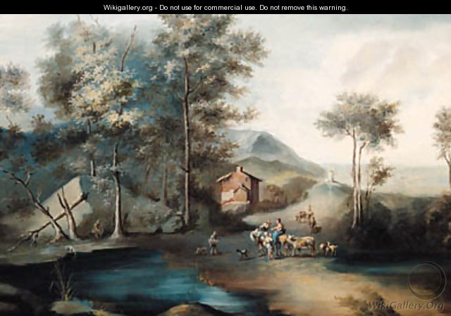 Figures by a Lake in a wooded Landscape - (after) Johann Christian Brand