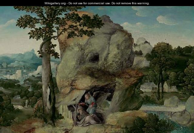 An extensive landscape with Elijah and the Angel - (after) Joachim Patenier (Patinir)
