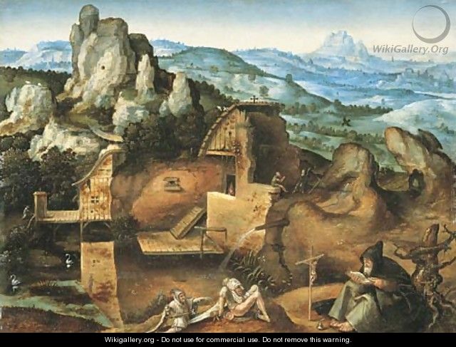 An extensive rocky landscape with the Temptation of Saint Anthony - (after) Joachim Patenier (Patinir)