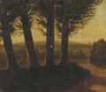 A wooded landscape at dusk with a figure smoking a pipe - (after) Jean-Victor Bertin