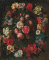 A swag of tulips, narcisi, convulvulus, corn flowers and other flowers surrounding a bunch of roses - (after) Jean Picart