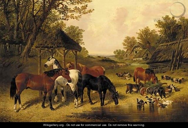 Horses watering in a farmyard with ducks, goats, chickens and pigs - (after) John Frederick Jnr Herring