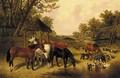 Horses watering in a farmyard with ducks, goats, chickens and pigs - (after) John Frederick Jnr Herring