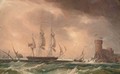 An English frigate arriving off a fortified Mediterranean port - (after) John Christian Schetky