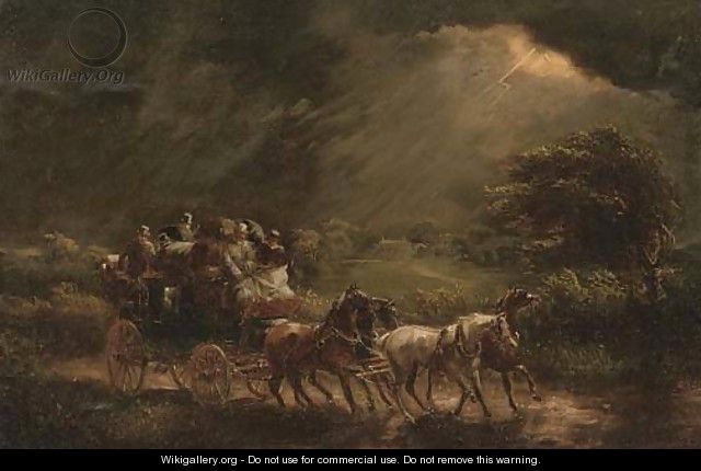 A stage coach and four on a stormy night, a country house beyond - (after) John Charles Maggs