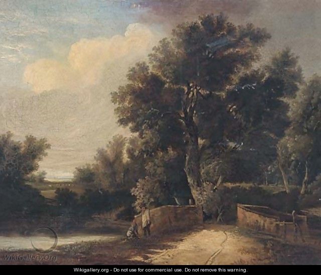 Figures by a bridge in a wooded landscape - (after) John Berney Ladbrooke