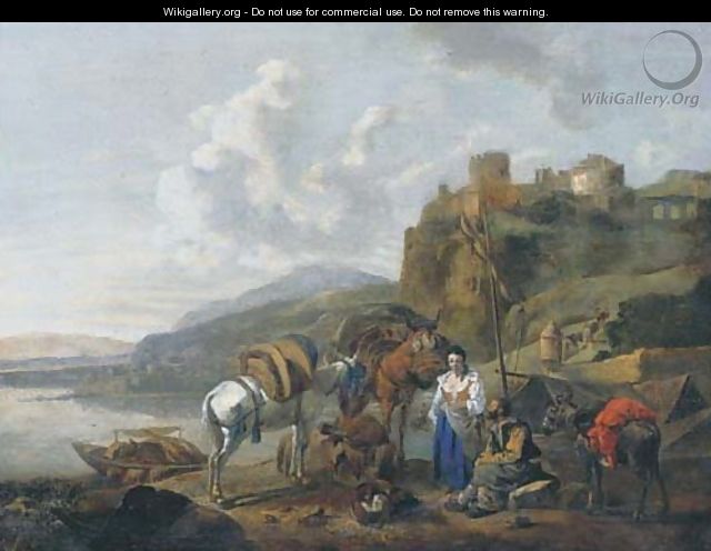 An Italianate river landscape with travellers by a ferry - (after) Johannes Lingelbach