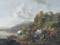 An Italianate river landscape with travellers by a ferry - (after) Johannes Lingelbach