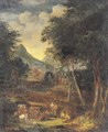 A wooded river landscape with figures and cattle in the foreground, a town beyond - (after) Johannes (Polidoro) Glauber