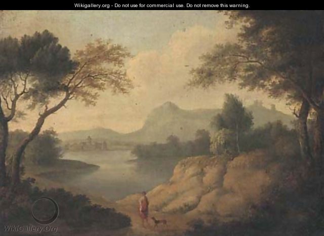 A wooded river landscape with a classical figure and a dog on a track - (after) Johannes (Polidoro) Glauber