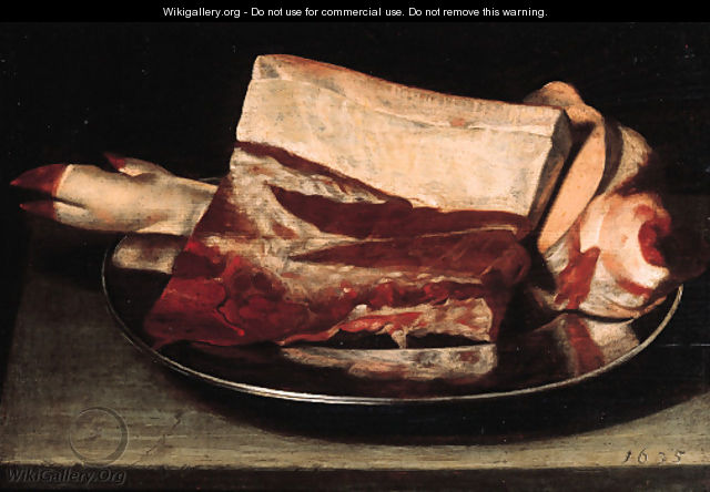 A leg of pork and a slice of meat on a pewter plate on a table - (after) Johann Michael Hambach