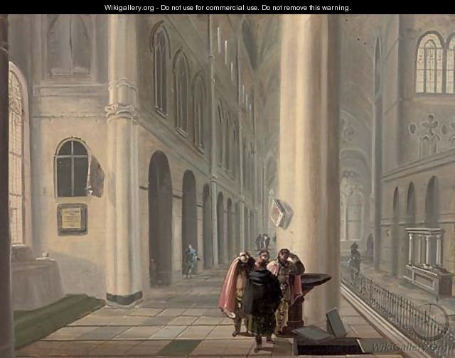 A gothic church interior with figures by an open tomb - (after) Johann Ludwig Ernst Morgenstern