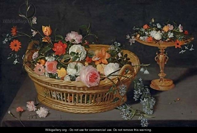 A basket of flowers with a tazza on a wooden ledge - (after) Jan, The Younger Brueghel