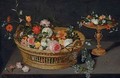 A basket of flowers with a tazza on a wooden ledge - (after) Jan, The Younger Brueghel