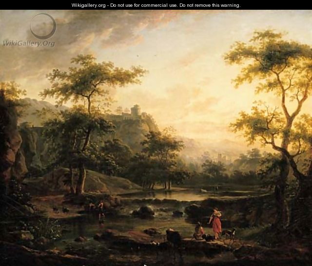 A river landscape with a washerwoman and a herder resting - (after) Jan Both