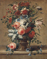 Flowers in a vase on a stone ledge - (after) Jan Baptiste Bosschaert II