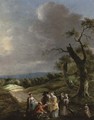 A wooded landscape with a man selling a dove to a lady on a path - (after) Jan Baptist Wolfaerts