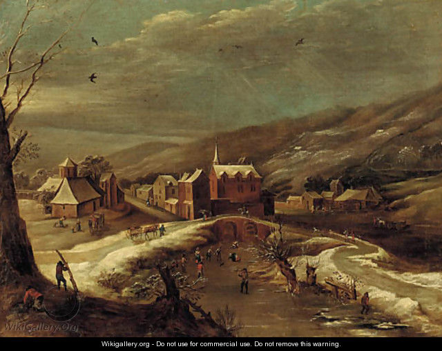 A winter landscape with a village by a river - (after) Jan Abrahamsz. Beerstraten