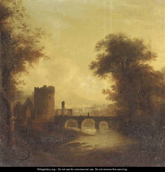 A ruined abbey and bridge in a river landscape with a town beyond - (after) James Stark