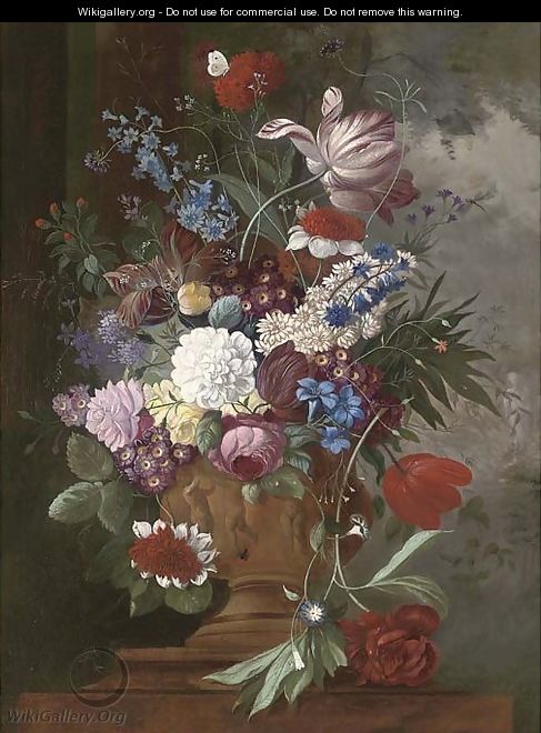 Tulips, roses, carnations, auriculas and other spring flowers in a urn on a ledge - (after) James Sillet