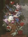 Tulips, roses, carnations, auriculas and other spring flowers in a urn on a ledge - (after) James Sillet