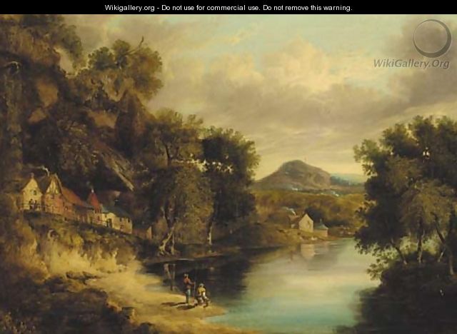 Anglers on the bank of a lake in a wooded landscape, a village beyond - (after) James Poole