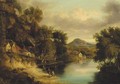 Anglers on the bank of a lake in a wooded landscape, a village beyond - (after) James Poole