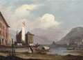 Figures on the bank of an Italianate lake - (after) James Holland