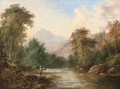 An angler in a mountainous river landscape - (after) James Burrell Smith