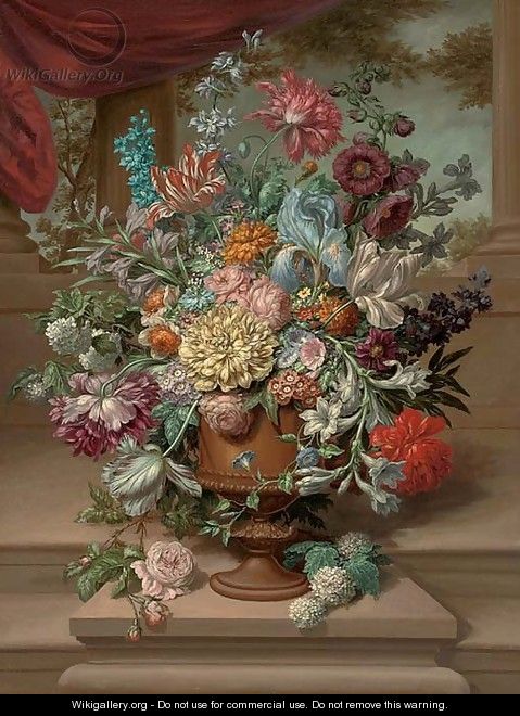 Parrot tulips, carnations, morning glory, narcissi and other flowers in an urn on a plinth by a partly-draped colonnade - (after) Jan Frans Van Dael