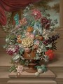 Parrot tulips, carnations, morning glory, narcissi and other flowers in an urn on a plinth by a partly-draped colonnade - (after) Jan Frans Van Dael
