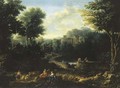 An arcadian landscape with herdsmen on a path and peasants fishing on a pond - (after) Jan Frans Van Orizzonte (see Bloemen)