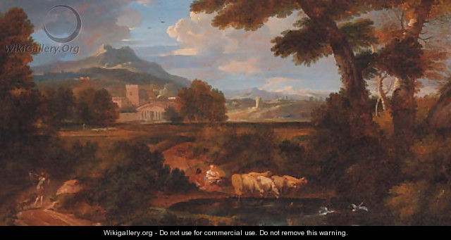 A classical landscape with shepherds watering sheep at a pool - (after) Jan Frans Van Orizzonte (see Bloemen)