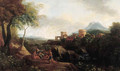 Shepherds on a cliff overlooking a river, a town on a hilltop beyond, in an Italianate landscape - (after) Jan Frans Van Orizzonte (see Bloemen)