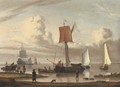 Dutch shipping by a shore with figures unloading a wagon - (after) Jacob Esselens