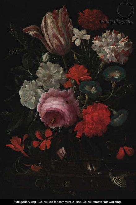 Roses, carnations, convolvulus and a tulip with insects and a snail on a ledge - (after) Jan Davidsz. De Heem