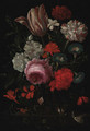 Roses, carnations, convolvulus and a tulip with insects and a snail on a ledge - (after) Jan Davidsz. De Heem