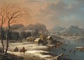 A mountainous winter landscape with ice skaters on a lake near a village - (after) Johann Christian Vollerdt Or Vollaert