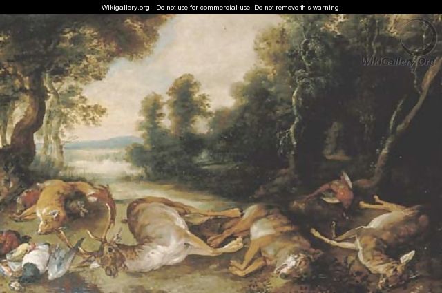 A wooded river landscape with a stag, a wolf, a fawn, a pheasant and other dead game - (after) Jan, The Younger Brueghel