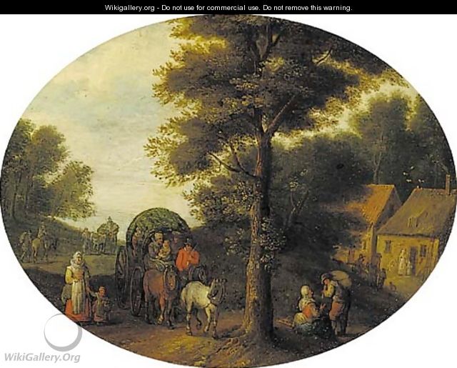 A wooded landscape with travellers in a wagon by a hamlet - (after) Jan, The Younger Brueghel