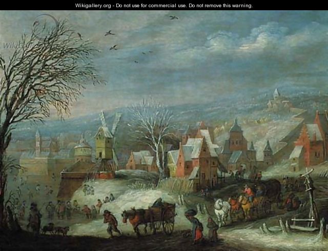 A winter landscape with travellers by a fortified town - (after) Jan, The Younger Brueghel