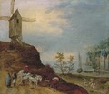 An extensive river landscape with a windmill and travellers on a path - (after) Jan The Elder Brueghel