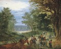 A wooded landscape with soldiers resting on a path by a stream - (after) Jan The Elder Brueghel